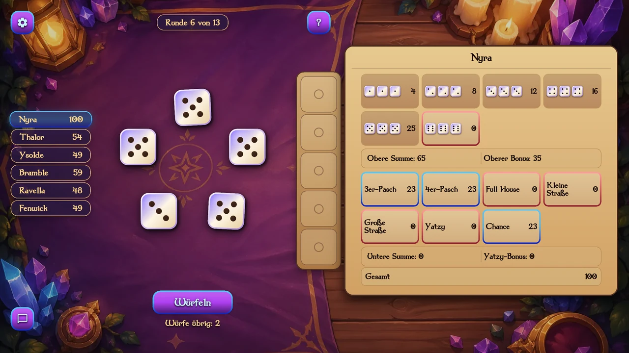 Eine Online-Partie von Arcane Dice mit sechs benannten Spielern am gemeinsamen Würfeltisch.