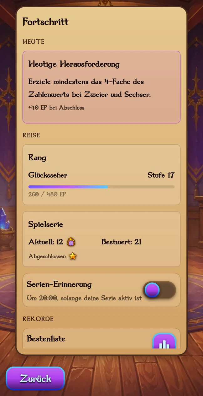 Der Fortschrittsbereich im Spiel mit Tagesaufgabe, Stufe, Spielserie, Erfolgen und Bestenlisten.